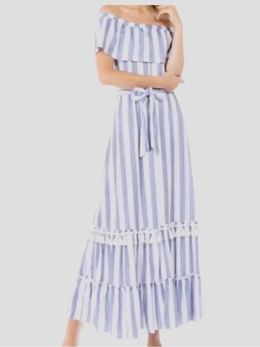 “Costello” Off the Shoulder Striped Maxi Dress Sz. Small